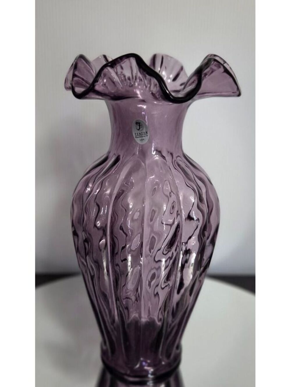 Vintage Fenton Art Glass Plum/Violet Swirl Ribbed Melon Vase w/ Ruffled Rim 11"